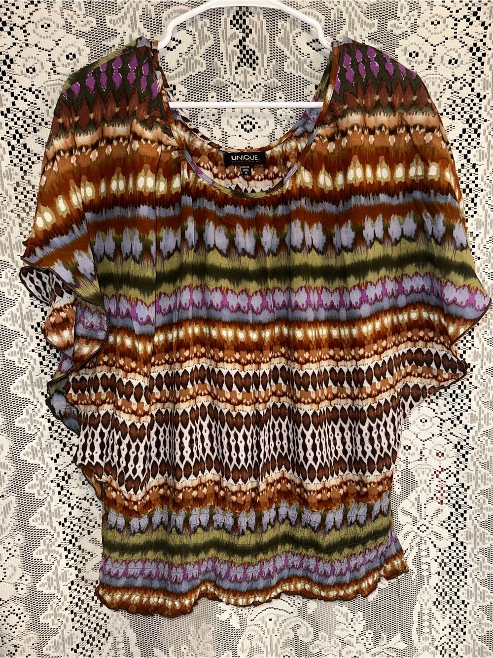 Nique Brown Green Purple Striped Ikat Flutter Sleeve Top